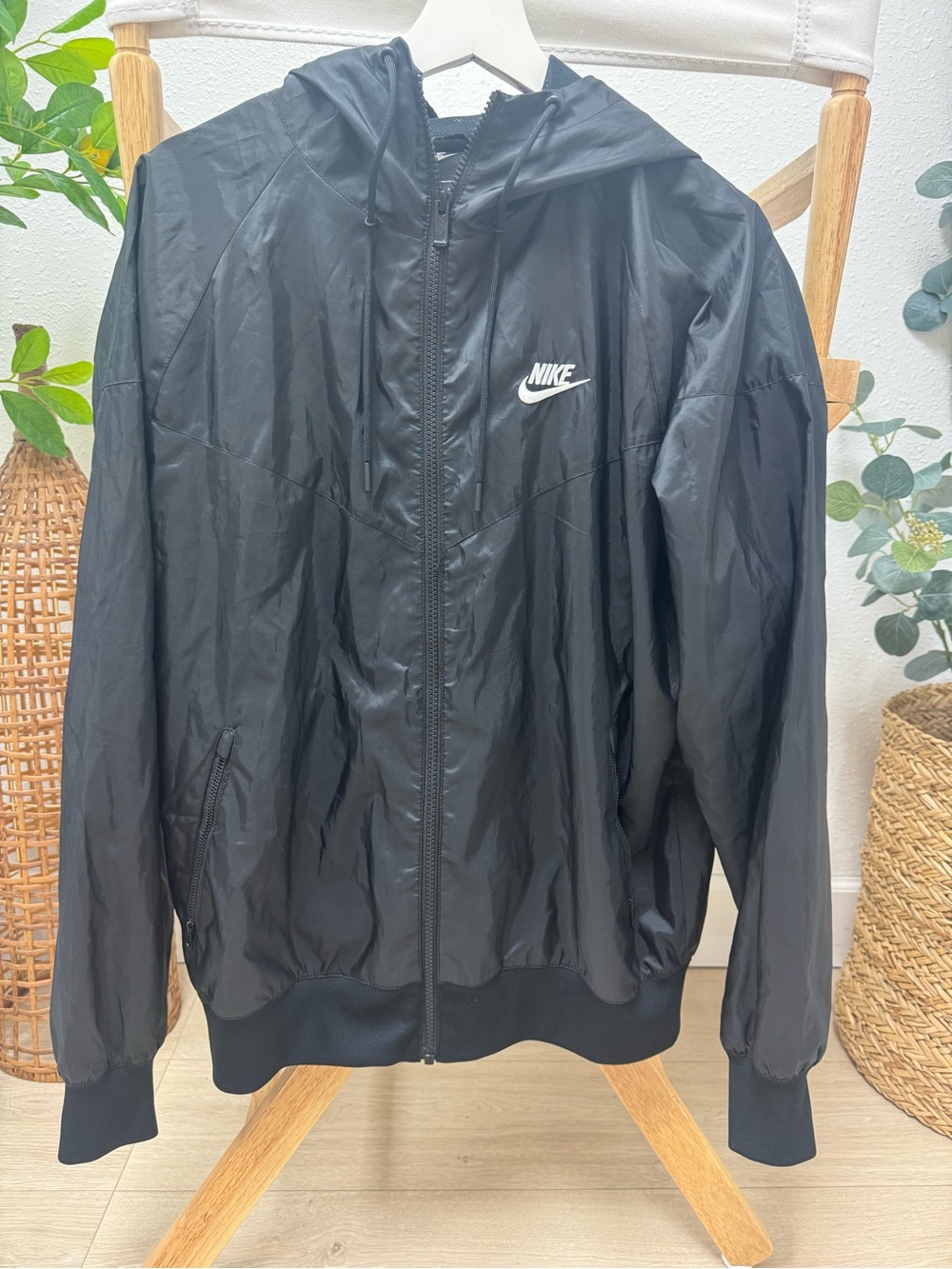 Nike Black Hooded Windbreaker Jacket with White Logo